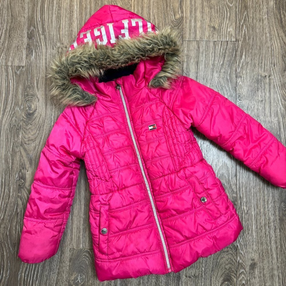 Tommy Hilfiger Pink Puffer Coat Jacket with Fur Hood Girls  5/6 Y